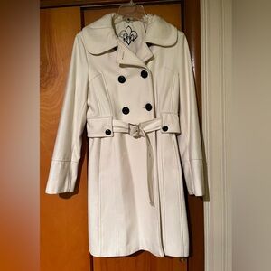 Guess cream wool blend belted long coat, size Large